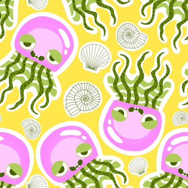 Yaz okyanus hayvanları, ambalajsız denizanası desenli ambalaj kağıtları, kumaşlar, çarşaflar, çocuk giysileri ve parti aksesuarları için. Yüksek kaliteli illüstrasyon