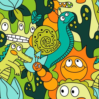 Çizgi filmlerdeki hayvanlar çocuk için kusursuz canavar desenleri giysi baskısı, kumaş, kumaş ve yaz partisi aksesuarları ve moda tekstili.