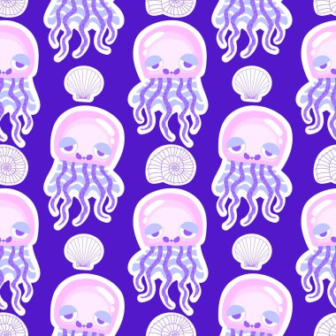 Yaz okyanus hayvanları, ambalajsız denizanası desenli ambalaj kağıtları, kumaşlar, çarşaflar, çocuk giysileri ve parti aksesuarları için. Yüksek kaliteli illüstrasyon