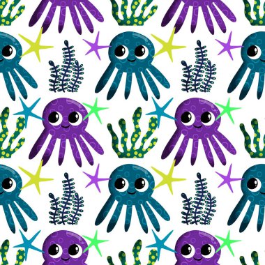 Yaz okyanusu hayvanları çocuk için kusursuz şirin ahtapot deseni kumaşlar ve moda tekstil ürünleri ve parti aksesuarları için kıyafet baskısı ve ambalaj kağıdı.