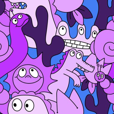 Çizgi filmlerdeki hayvanlar çocuk için kusursuz canavar desenleri giysi baskısı, kumaş, kumaş ve yaz partisi aksesuarları ve moda tekstili.