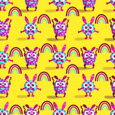 Çizgi filmlerdeki hayvanlar çocuk için kusursuz canavar desenleri giysi baskısı, kumaş, kumaş ve yaz partisi aksesuarları ve moda tekstili.