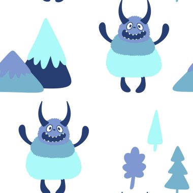 Kış canavarları, kağıt, kumaş, çarşaf ve çocuk giysileri baskısı ve yeni yıl ambalajı için kusursuz Noel Yeti desenleri. Yüksek kaliteli illüstrasyon