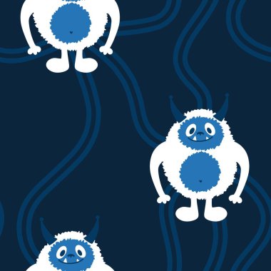 Kış canavarları, kağıt, kumaş, çarşaf ve çocuk giysileri baskısı ve yeni yıl ambalajı için kusursuz Noel Yeti desenleri. Yüksek kaliteli illüstrasyon