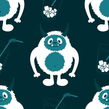 Kış canavarları, kağıt, kumaş, çarşaf ve çocuk giysileri baskısı ve yeni yıl ambalajı için kusursuz Noel Yeti desenleri. Yüksek kaliteli illüstrasyon