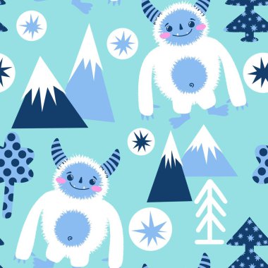 Kış canavarları, kağıt, kumaş, çarşaf ve çocuk giysileri baskısı ve yeni yıl ambalajı için kusursuz Noel Yeti desenleri. Yüksek kaliteli illüstrasyon