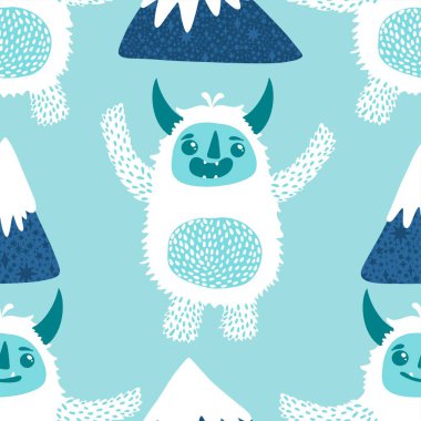 Kış canavarları, kağıt, kumaş, çarşaf ve çocuk giysileri baskısı ve yeni yıl ambalajı için kusursuz Noel Yeti desenleri. Yüksek kaliteli illüstrasyon