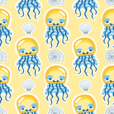 Yaz okyanus hayvanları, ambalajsız denizanası desenli ambalaj kağıtları, kumaşlar, çarşaflar, çocuk giysileri ve parti aksesuarları için. Yüksek kaliteli illüstrasyon