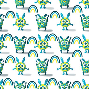 Çizgi filmlerdeki hayvanlar çocuk için kusursuz canavar desenleri giysi baskısı, kumaş, kumaş ve yaz partisi aksesuarları ve moda tekstili.