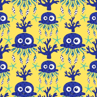 Yaz okyanus hayvanları, ambalajsız denizanası desenli ambalaj kağıtları, kumaşlar ve çocuk kıyafetleri ve parti aksesuarları için. Yüksek kaliteli illüstrasyon
