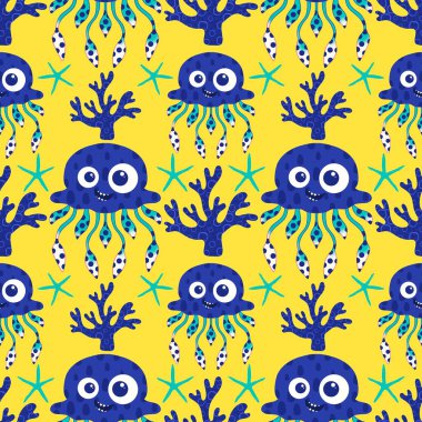Yaz okyanus hayvanları, ambalajsız denizanası desenli ambalaj kağıtları, kumaşlar ve çocuk kıyafetleri ve parti aksesuarları için. Yüksek kaliteli illüstrasyon