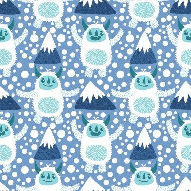 Kış canavarları, kağıt, kumaş, çarşaf ve çocuk giysileri baskısı ve yeni yıl ambalajı için kusursuz Noel Yeti desenleri. Yüksek kaliteli illüstrasyon