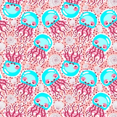 Yaz okyanus hayvanları, ambalajsız denizanası desenli ambalaj kağıtları, kumaşlar, çarşaflar, çocuk giysileri ve parti aksesuarları için. Yüksek kaliteli illüstrasyon