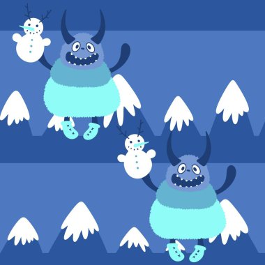 Kış canavarları, kağıt, kumaş, çarşaf ve çocuk giysileri baskısı ve yeni yıl ambalajı için kusursuz Noel Yeti desenleri. Yüksek kaliteli illüstrasyon