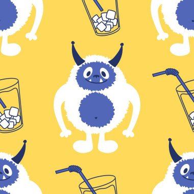 Kış canavarları, kağıt, kumaş, çarşaf ve çocuk giysileri baskısı ve yeni yıl ambalajı için kusursuz Noel Yeti desenleri. Yüksek kaliteli illüstrasyon