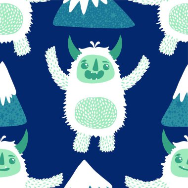 Kış canavarları, kağıt, kumaş, çarşaf ve çocuk giysileri baskısı ve yeni yıl ambalajı için kusursuz Noel Yeti desenleri. Yüksek kaliteli illüstrasyon