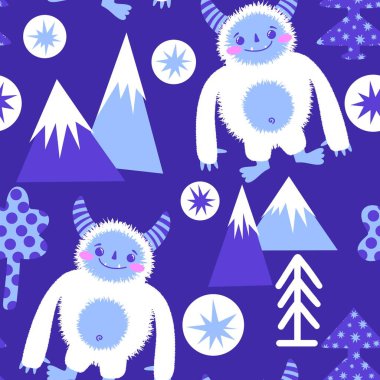 Kış canavarları, kağıt, kumaş, çarşaf ve çocuk giysileri baskısı ve yeni yıl ambalajı için kusursuz Noel Yeti desenleri. Yüksek kaliteli illüstrasyon
