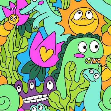 Çizgi filmlerdeki hayvanlar çocuk için kusursuz canavar desenleri giysi baskısı, kumaş, kumaş ve yaz partisi aksesuarları ve moda tekstili.