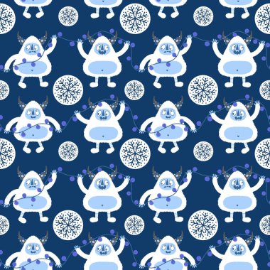 Kış canavarları, kağıt, kumaş, çarşaf ve çocuk giysileri baskısı ve yeni yıl ambalajı için kusursuz Noel Yeti desenleri. Yüksek kaliteli illüstrasyon