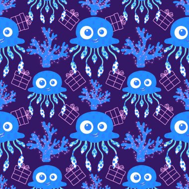 Yaz okyanus hayvanları, ambalajsız denizanası desenli ambalaj kağıtları, kumaşlar, çarşaflar, çocuk giysileri ve parti aksesuarları için. Yüksek kaliteli illüstrasyon