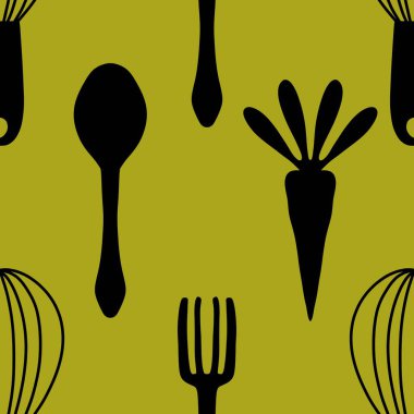 Mutfak aletleri kağıt, kumaş, giysi baskısı, tekstil ve mağaza ambalajları için dikişsiz çatal ve kaşık deseni. Yüksek kalite fotoğraf