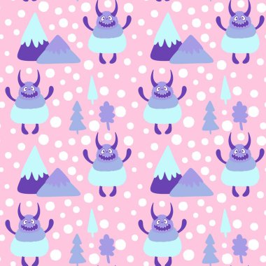 Kış canavarları, kağıt, kumaş, çarşaf ve çocuk giysileri baskısı ve yeni yıl ambalajı için kusursuz Noel Yeti desenleri. Yüksek kaliteli illüstrasyon