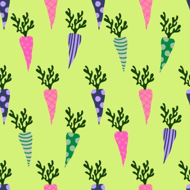 Kağıt, kumaş, çarşaf ve çocuk giysisi baskısı ve mutfak tekstili için yaz sebzesiz havuç deseni. Yüksek kalite fotoğraf