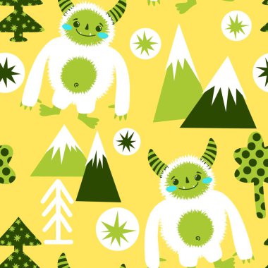 Kış canavarları, kağıt, kumaş, çarşaf ve çocuk giysileri baskısı ve yeni yıl ambalajı için kusursuz Noel Yeti desenleri. Yüksek kaliteli illüstrasyon