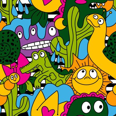 Çizgi filmlerdeki hayvanlar çocuk için kusursuz canavar desenleri giysi baskısı, kumaş, kumaş ve yaz partisi aksesuarları ve moda tekstili.