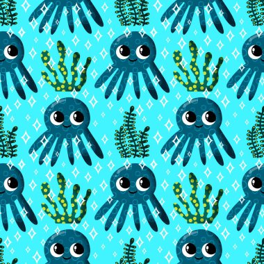 Yaz okyanusu hayvanları çocuk için kusursuz şirin ahtapot deseni kumaşlar ve moda tekstil ürünleri ve parti aksesuarları için kıyafet baskısı ve ambalaj kağıdı.