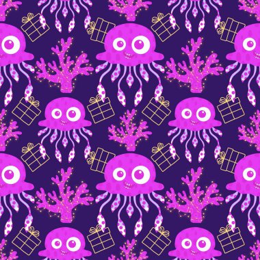 Yaz okyanus hayvanları, ambalajsız denizanası desenli ambalaj kağıtları, kumaşlar, çarşaflar, çocuk giysileri ve parti aksesuarları için. Yüksek kaliteli illüstrasyon