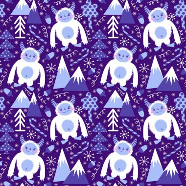 Kış canavarları, kağıt, kumaş, çarşaf ve çocuk giysileri baskısı ve yeni yıl ambalajı için kusursuz Noel Yeti desenleri. Yüksek kaliteli illüstrasyon