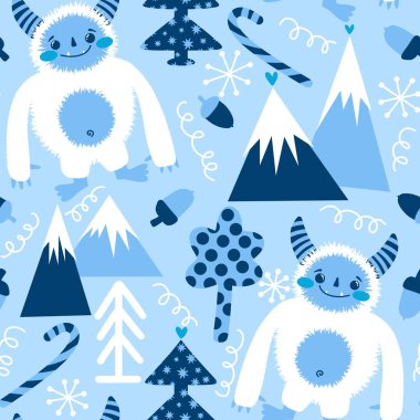 Kış canavarları, kağıt, kumaş, çarşaf ve çocuk giysileri baskısı ve yeni yıl ambalajı için kusursuz Noel Yeti desenleri. Yüksek kaliteli illüstrasyon