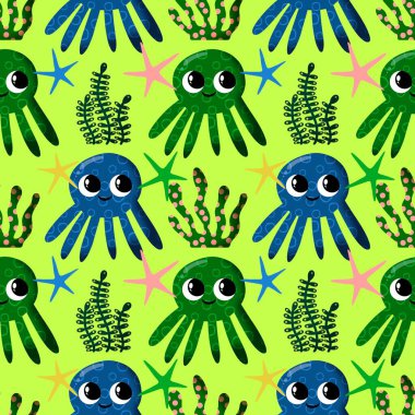 Yaz okyanusu hayvanları çocuk için kusursuz şirin ahtapot deseni kumaşlar ve moda tekstil ürünleri ve parti aksesuarları için kıyafet baskısı ve ambalaj kağıdı.