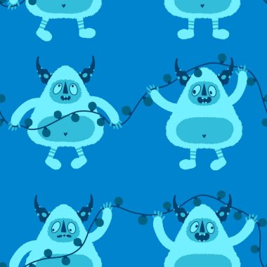 Kış canavarları, kağıt, kumaş, çarşaf ve çocuk giysileri baskısı ve yeni yıl ambalajı için kusursuz Noel Yeti desenleri. Yüksek kaliteli illüstrasyon