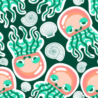 Yaz okyanus hayvanları, ambalajsız denizanası desenli ambalaj kağıtları, kumaşlar, çarşaflar, çocuk giysileri ve parti aksesuarları için. Yüksek kaliteli illüstrasyon