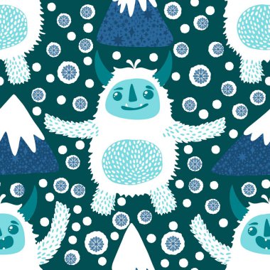 Kış canavarları, kağıt, kumaş, çarşaf ve çocuk giysileri baskısı ve yeni yıl ambalajı için kusursuz Noel Yeti desenleri. Yüksek kaliteli illüstrasyon