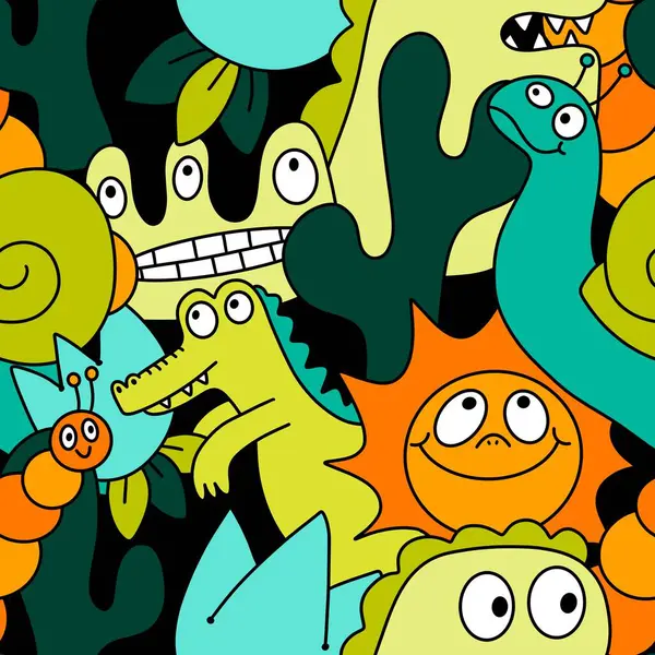 Çizgi filmlerdeki hayvanlar çocuk için kusursuz canavar desenleri giysi baskısı, kumaş, kumaş ve yaz partisi aksesuarları ve moda tekstili.