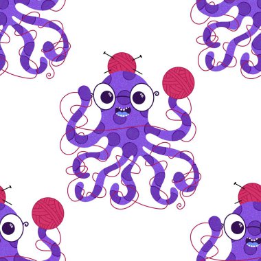 Çizgi film deniz hayvanları, dikişsiz ahtapot, hobi aksesuarları için örgü deseni ve çocuk giysileri baskısı ve dikiş malzemeleri. Yüksek kalite fotoğraf