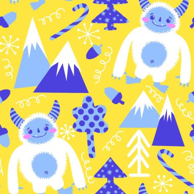 Kış canavarları, kağıt, kumaş, çarşaf ve çocuk giysileri baskısı ve yeni yıl ambalajı için kusursuz Noel Yeti desenleri. Yüksek kaliteli illüstrasyon