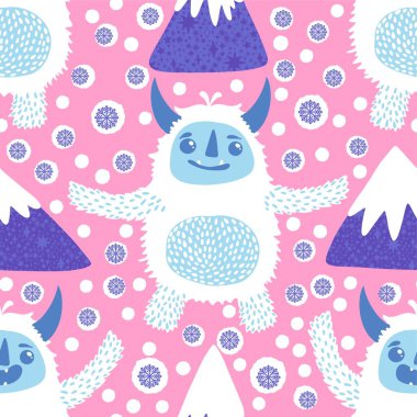 Kış canavarları, kağıt, kumaş, çarşaf ve çocuk giysileri baskısı ve yeni yıl ambalajı için kusursuz Noel Yeti desenleri. Yüksek kaliteli illüstrasyon