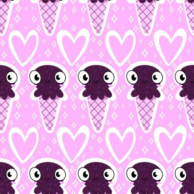 Yaz okyanusundaki hayvanlar dikişsiz ahtapot ve kağıt, kumaş ve çocuk giysileri ve parti aksesuarları için dondurma deseni. Yüksek kaliteli illüstrasyon