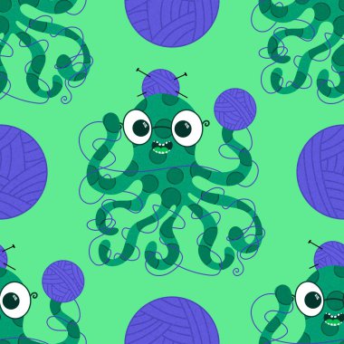 Çizgi film deniz hayvanları, dikişsiz ahtapot, hobi aksesuarları için örgü deseni ve çocuk giysileri baskısı ve dikiş malzemeleri. Yüksek kalite fotoğraf