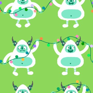 Kış canavarları, kağıt, kumaş, çarşaf ve çocuk giysileri baskısı ve yeni yıl ambalajı için kusursuz Noel Yeti desenleri. Yüksek kaliteli illüstrasyon