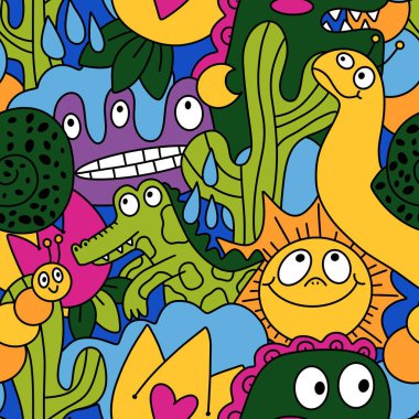 Çizgi filmlerdeki hayvanlar çocuk için kusursuz canavar desenleri giysi baskısı, kumaş, kumaş ve yaz partisi aksesuarları ve moda tekstili.