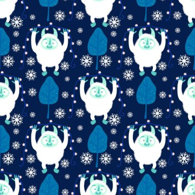 Kış canavarları, kağıt, kumaş, çarşaf ve çocuk giysileri baskısı ve yeni yıl ambalajı için kusursuz Noel Yeti desenleri. Yüksek kaliteli illüstrasyon