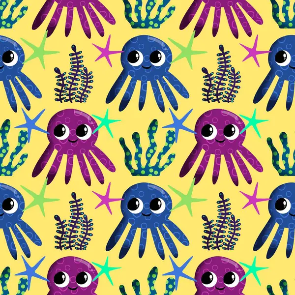 Yaz okyanusu hayvanları çocuk için kusursuz şirin ahtapot deseni kumaşlar ve moda tekstil ürünleri ve parti aksesuarları için kıyafet baskısı ve ambalaj kağıdı.