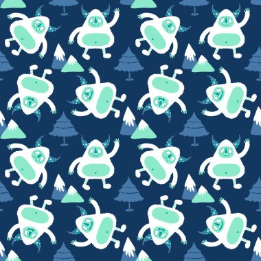 Kış canavarları, kağıt, kumaş, çarşaf ve çocuk giysileri baskısı ve yeni yıl ambalajı için kusursuz Noel Yeti desenleri. Yüksek kaliteli illüstrasyon