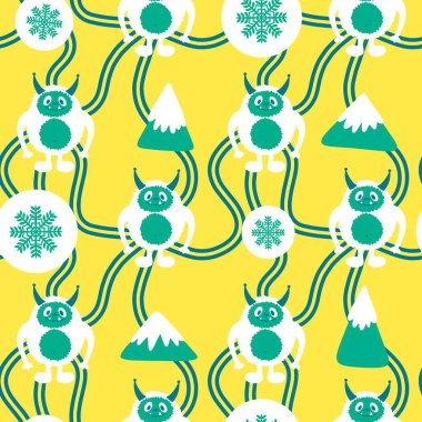 Kış canavarları, kağıt, kumaş, çarşaf ve çocuk giysileri baskısı ve yeni yıl ambalajı için kusursuz Noel Yeti desenleri. Yüksek kaliteli illüstrasyon