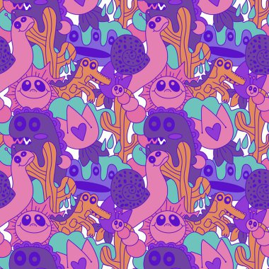 Çizgi filmlerdeki hayvanlar çocuk için kusursuz canavar desenleri giysi baskısı, kumaş, kumaş ve yaz partisi aksesuarları ve moda tekstili.